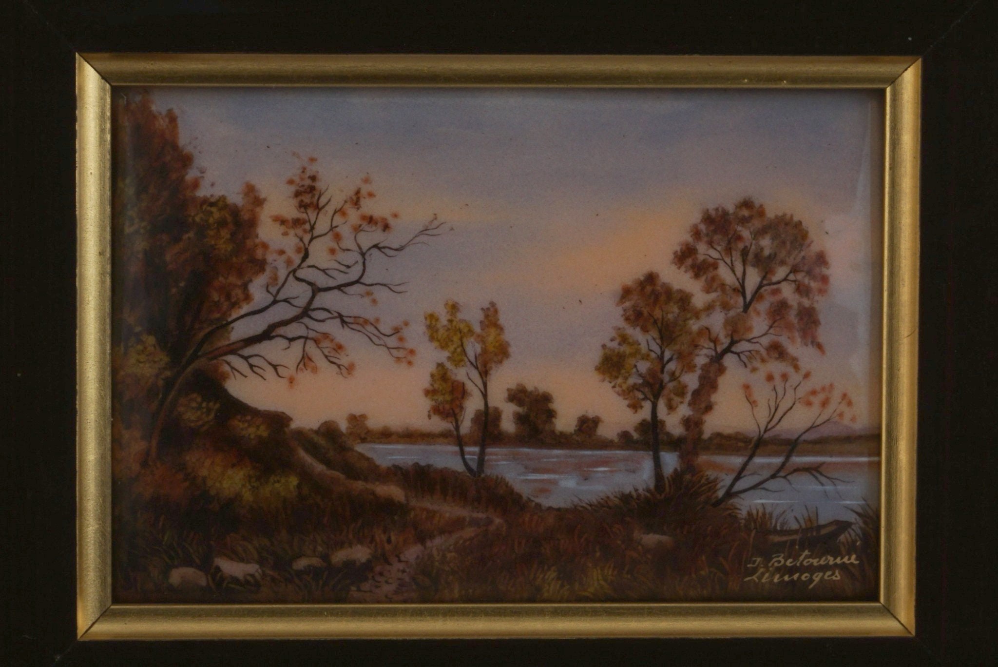 Hand Painted French Limoges Enamel Wall Art with Lakeside, Trees and