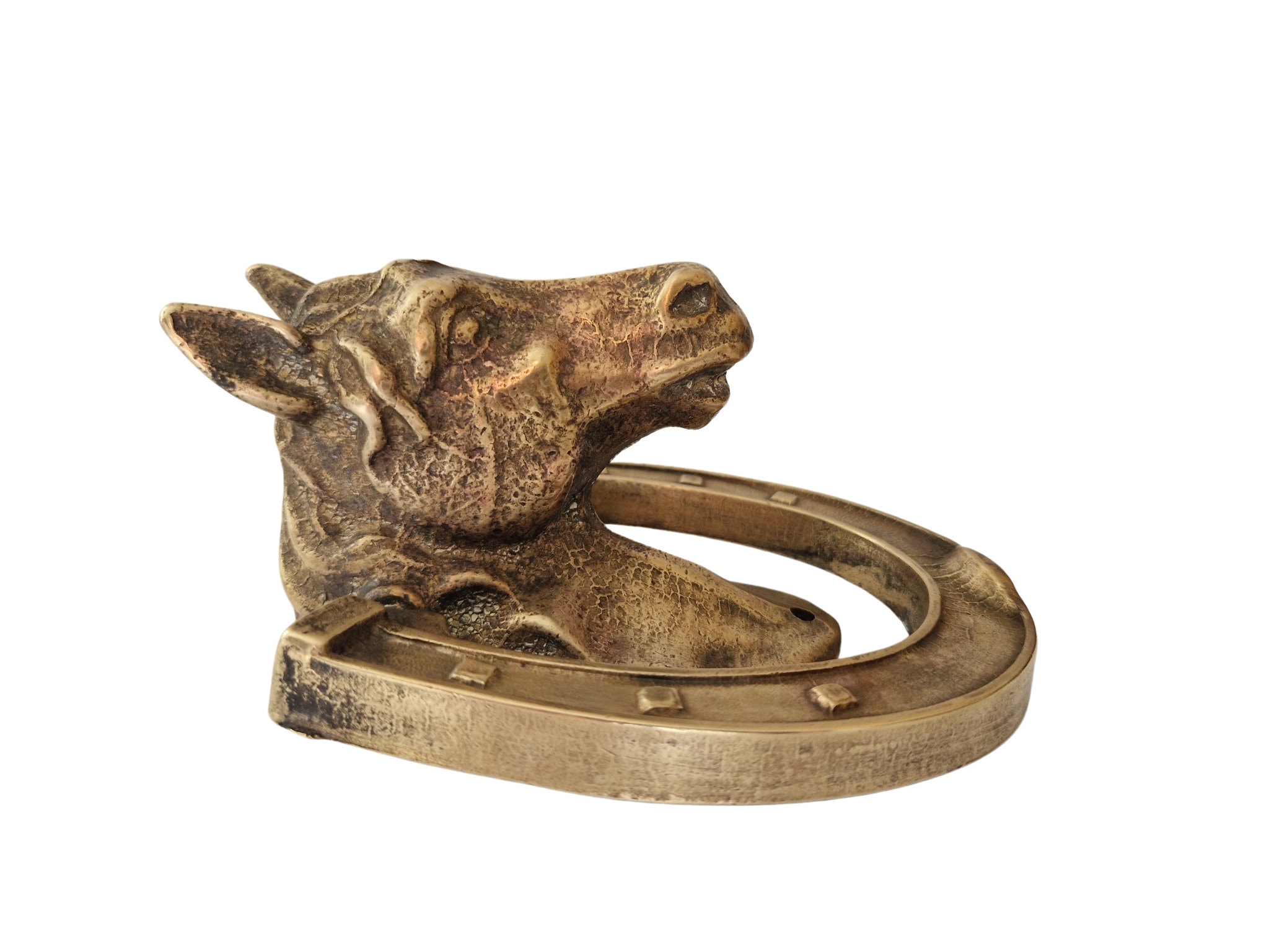 Brass Horse Head and Horseshoe Door Knocker, Equestrian Front Door Decor