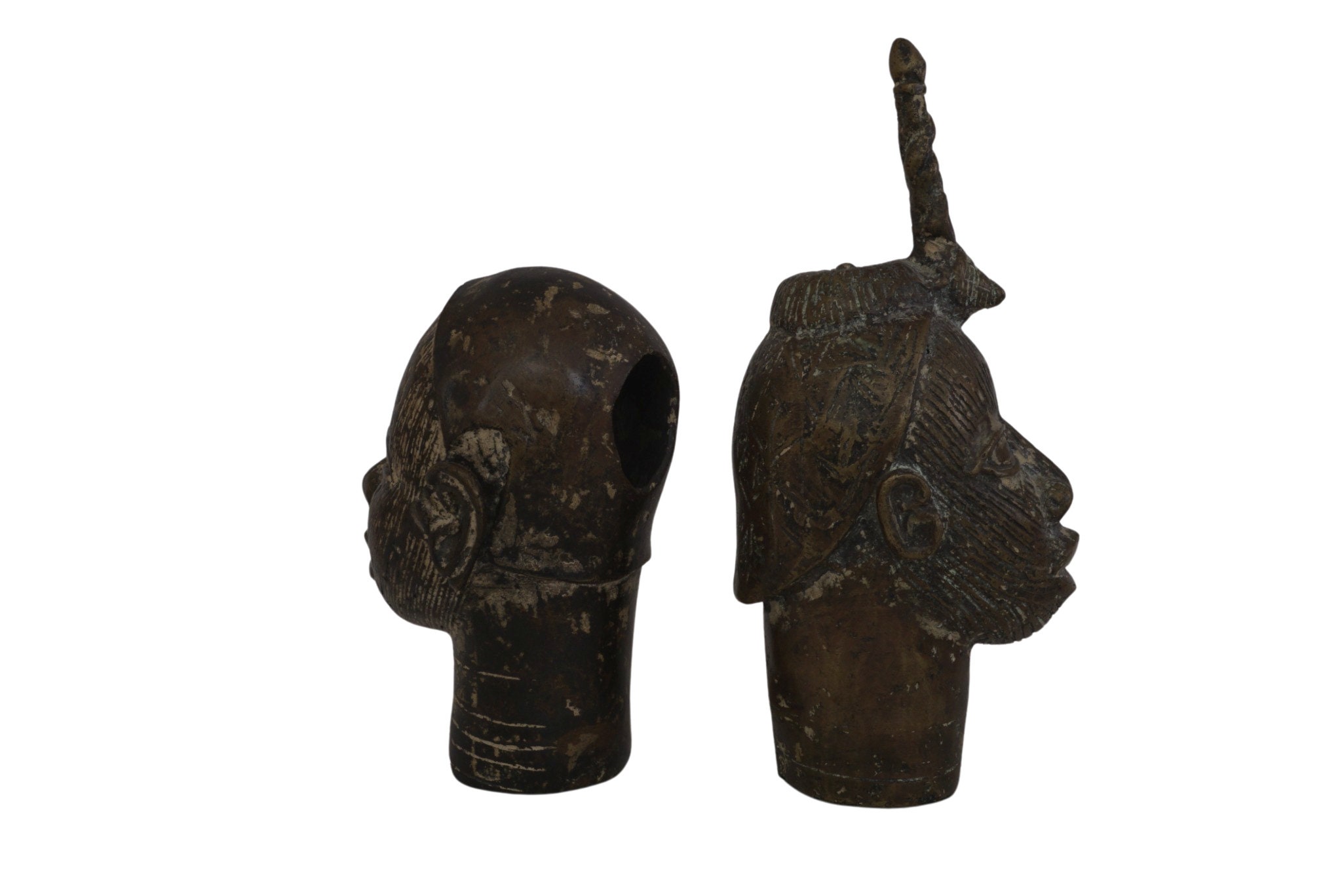 Bronze Yoruba King and Queen Couple Head Statues, Vintage African Man