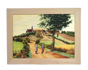 French Country Landscape Painting with Village and Man and Woman with Pig, Rustic Scenic Art
