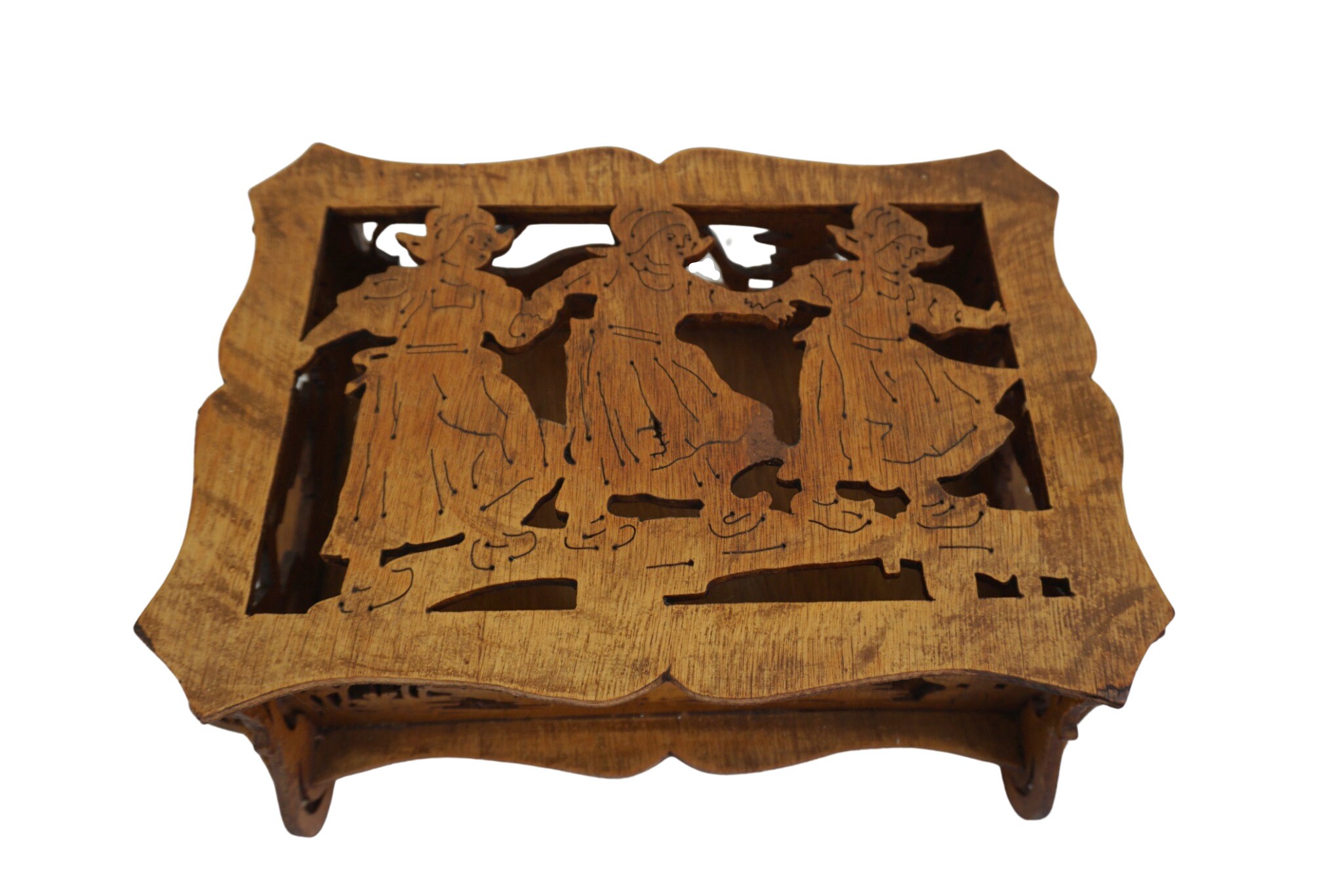 Boîte à Coudre en Bois Antique avec Des Figures de Fille Hollandaise, Boîte Bibelots Ajourée Sculpté