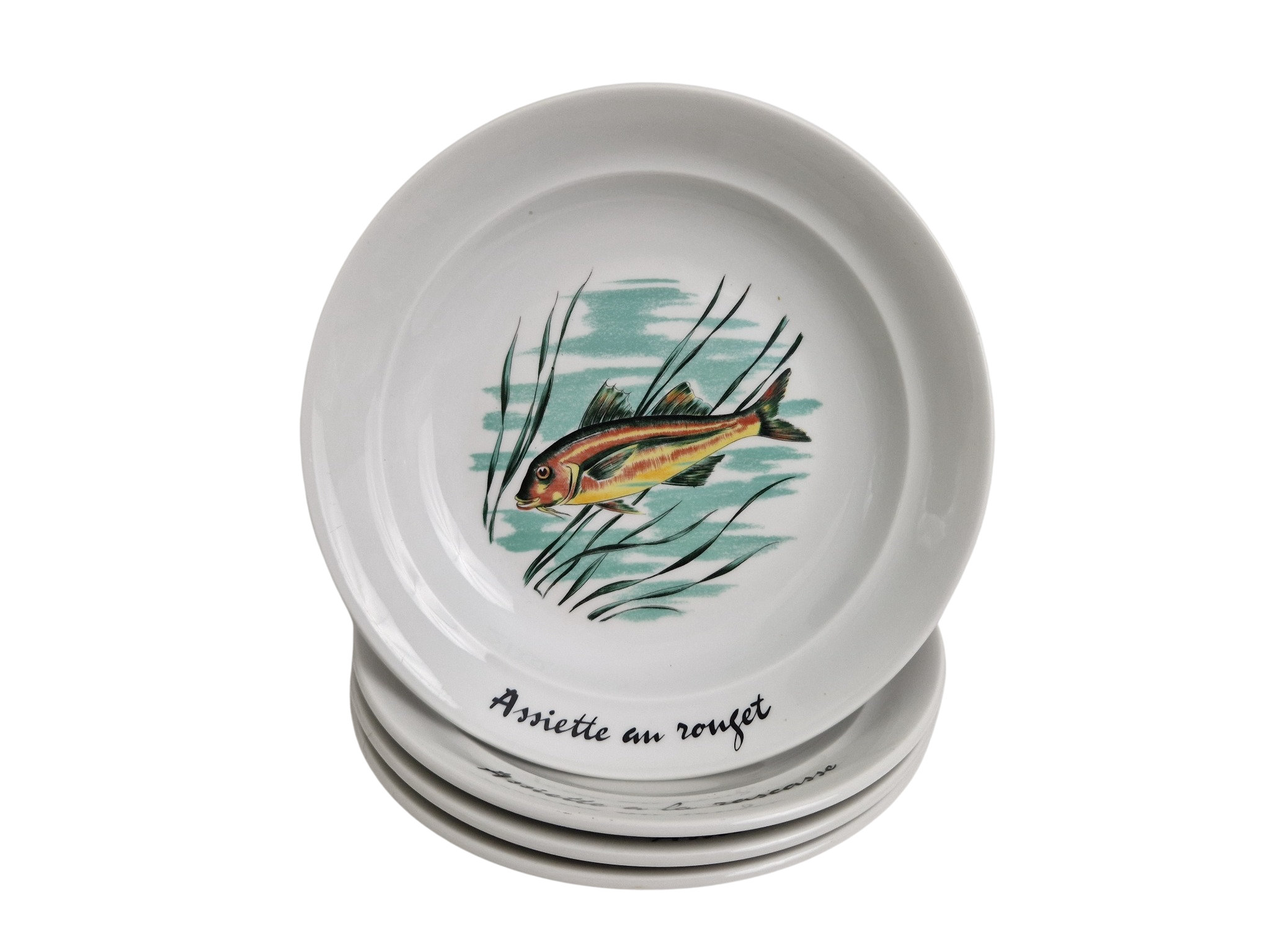 French Porcelain Fish Plates by PILLIVUYT, Set of 4, Bouillabaisse
