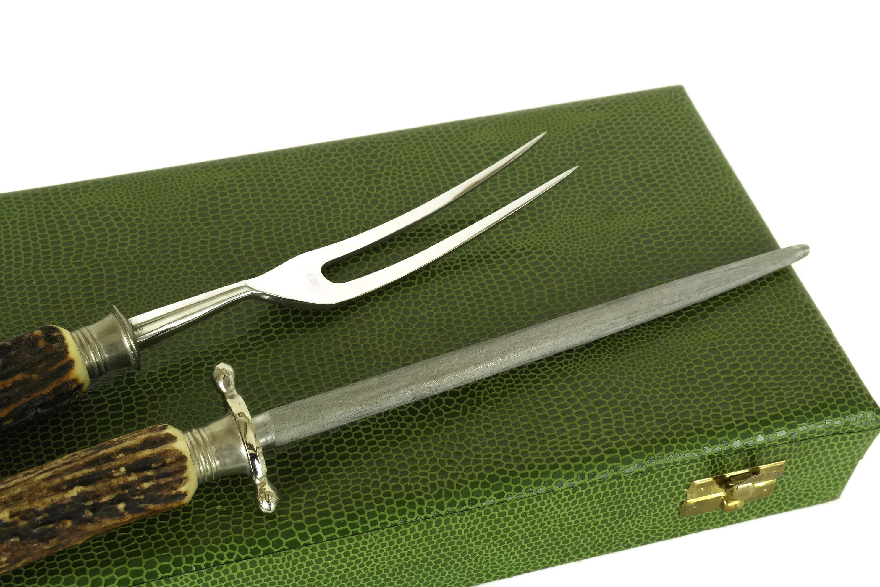 Anton Wingen Carving Set with Knife, Fork & Sharpener with Horn Handles