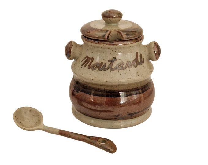 Earthenware French Mustard Pot with Spoon, Vintage Gres Paysan Pottery Condiment Pot