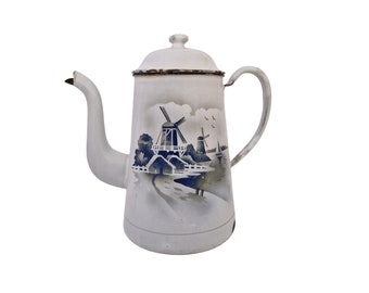 French Enamel Coffee Pot with Windmills, Vintage Blue and White Enamelware Teapot, Rustic Kitchen Decor