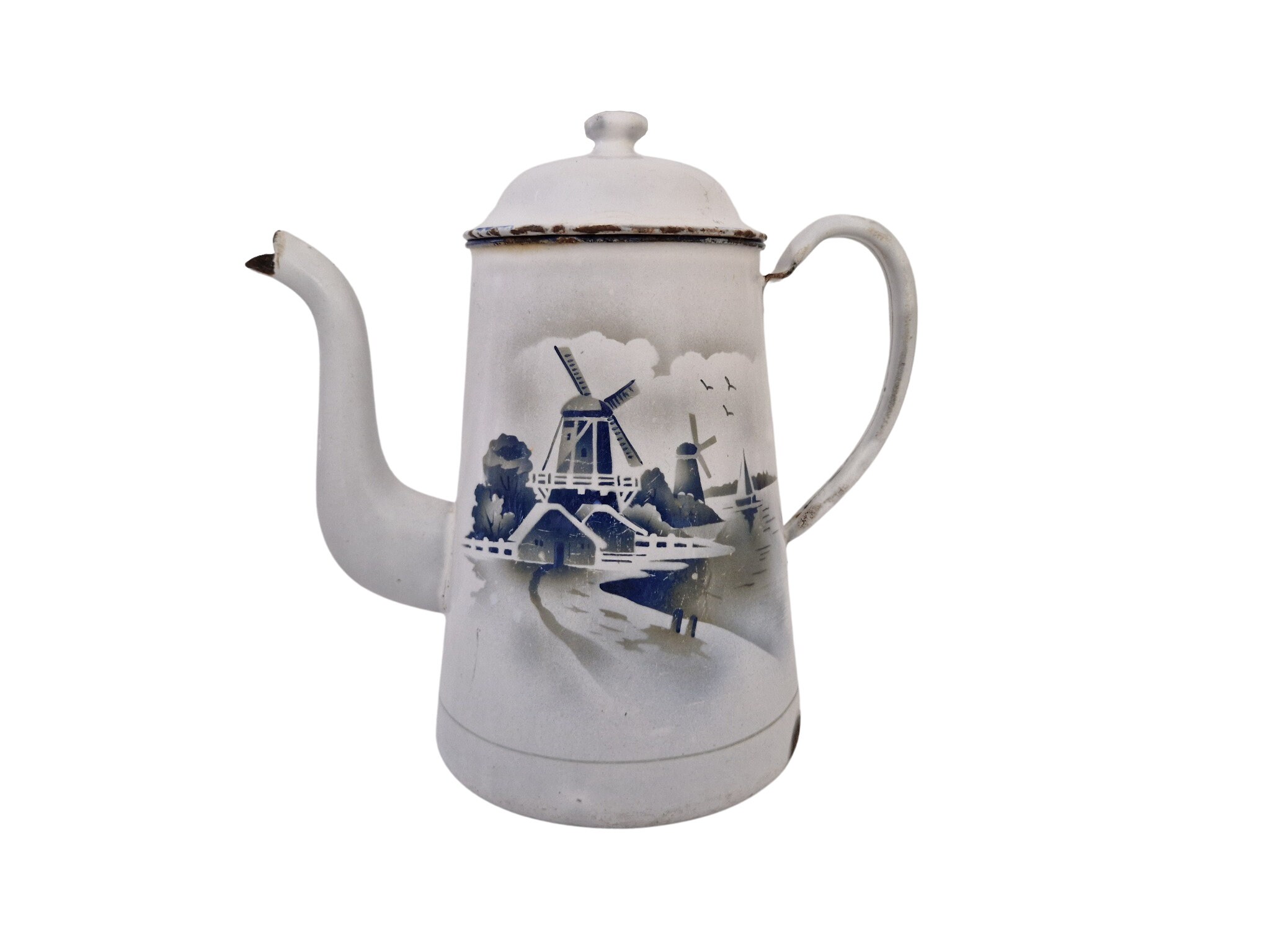 French Enamel Coffee Pot with Windmills, Vintage Blue and White