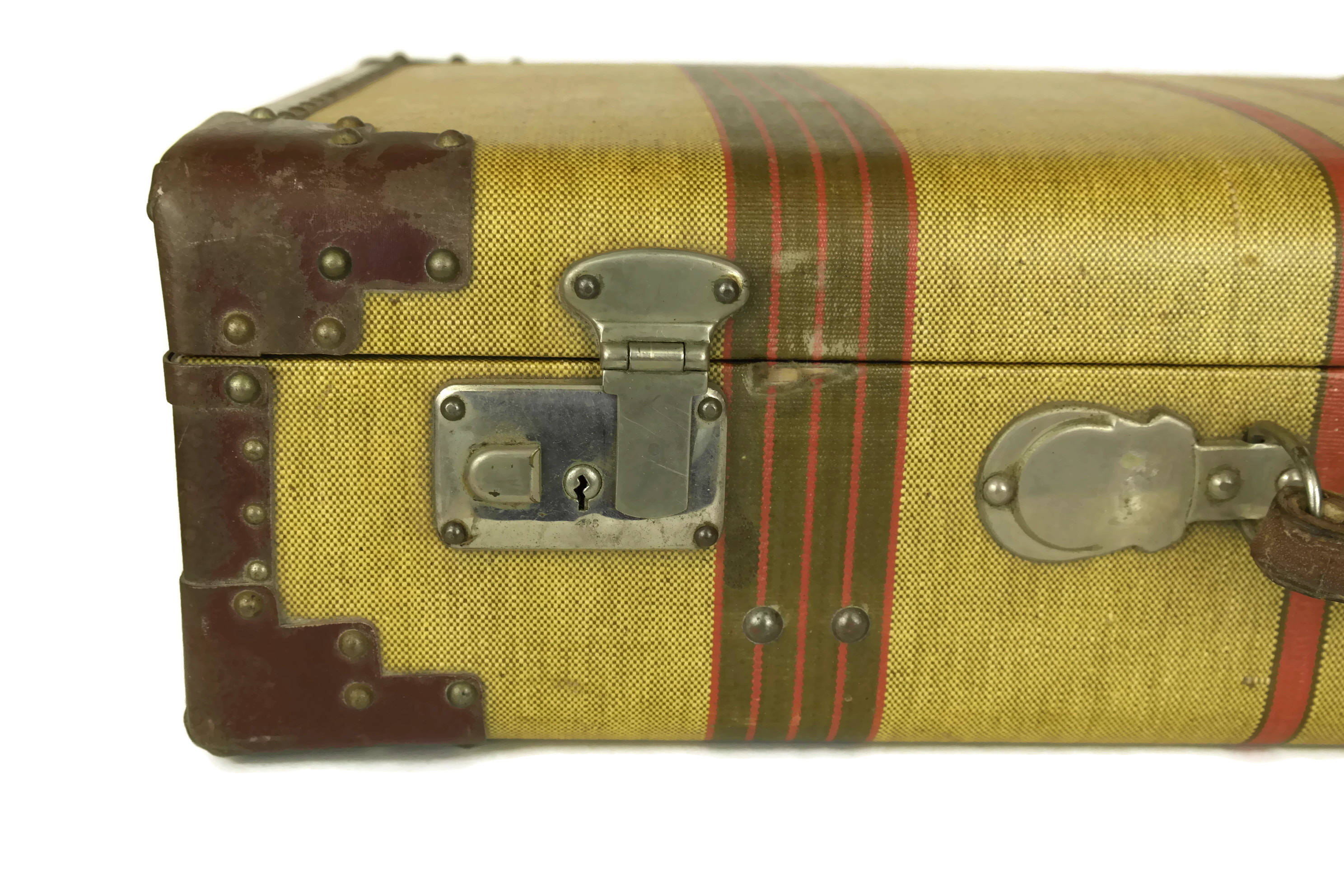 Antique Suitcase. 1920s French Stripe Canvas Hard Shell Luggage. Travel