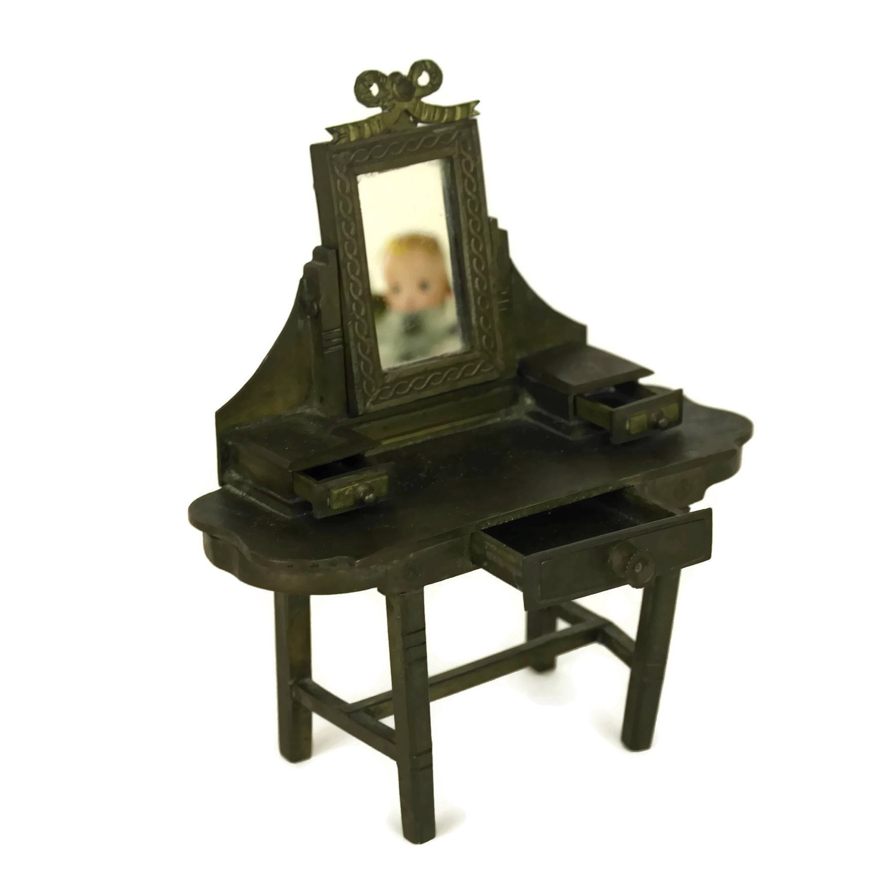 Doll Dressing Table and Chair. French Antique Bronze Miniature Doll's
