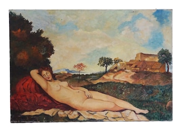 Sleeping Venus by Giorgione Reproduction Painting, Reclining Nude Woman Art Portrait in Country Landscape