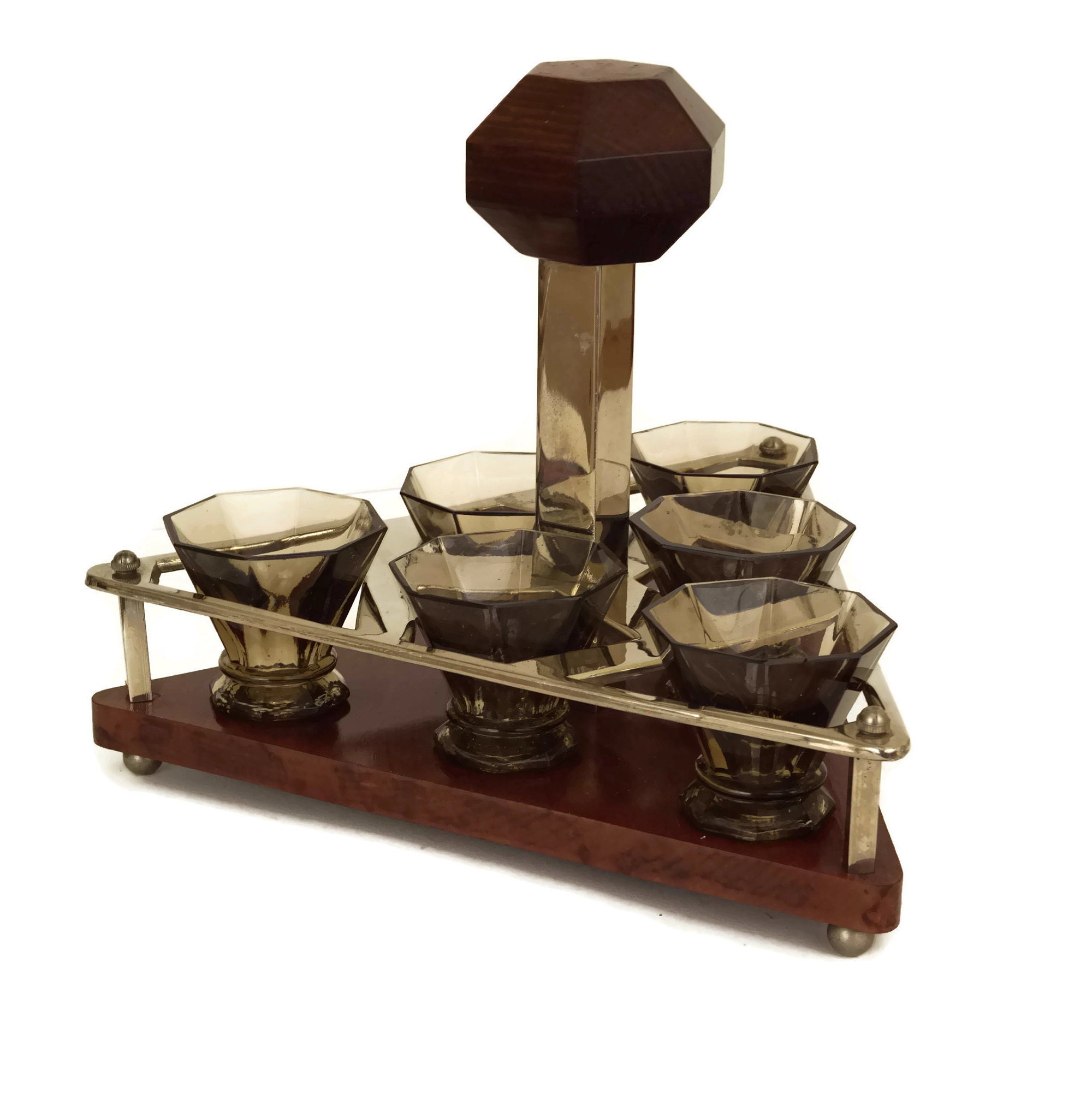 Art Deco Barware Shot Glasses Set in Chrome and Wood Serving Tray