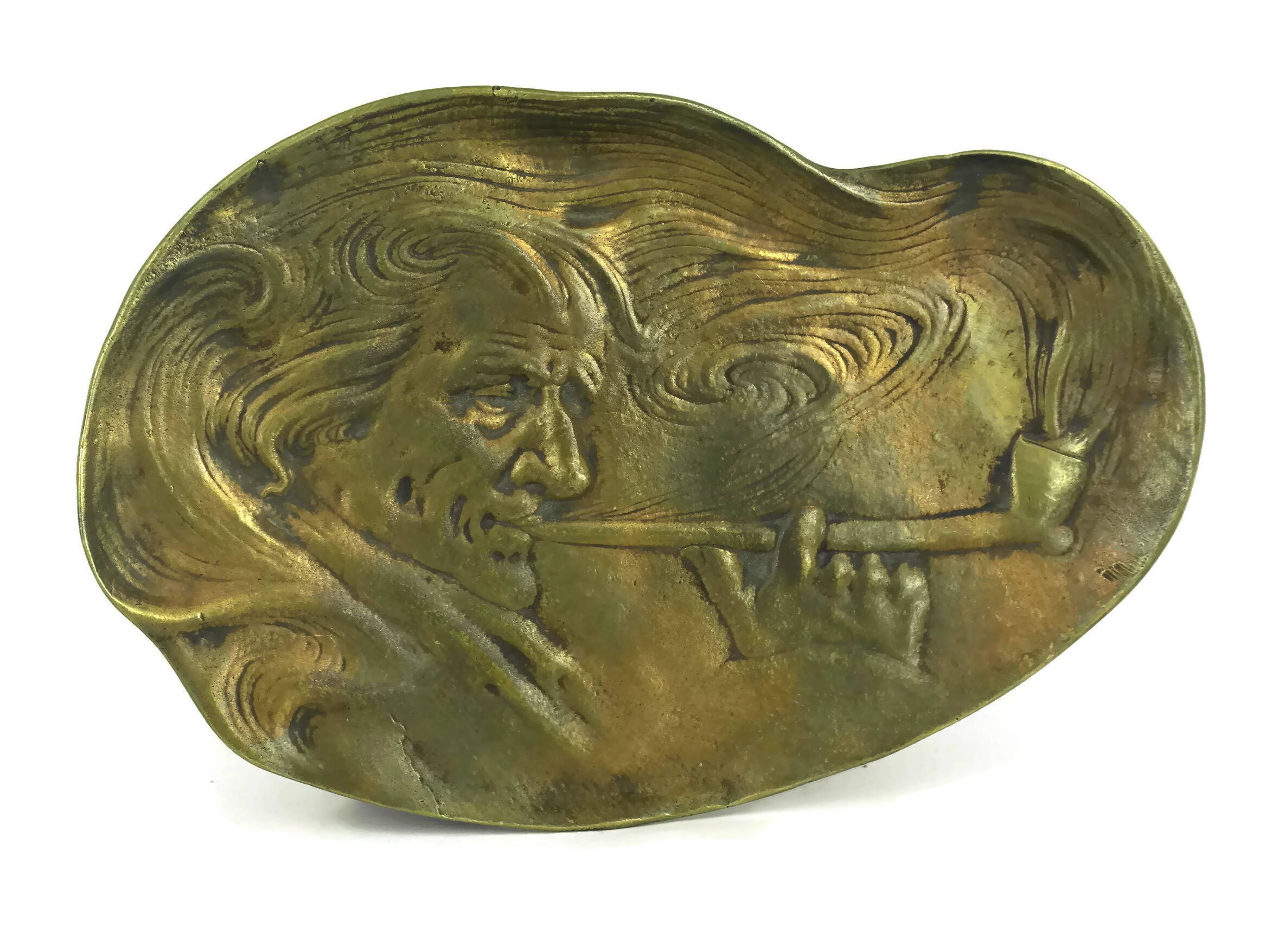 French Antique Bronze Coin Dish with Man Smoking Pipe.