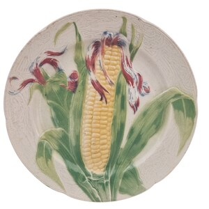 French Antique Majolica Plate with Corn Cob by Keller & Guerin St Clement, Ceramic Kitchen Wall Hanging Decor image 1