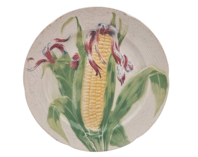 French Antique Majolica Plate with Corn Cob by Keller & Guerin St Clement, Ceramic Kitchen Wall Hanging Decor
