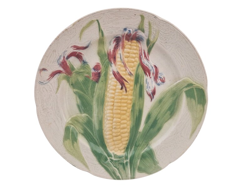 French Antique Majolica Plate with Corn Cob by Keller & Guerin St Clement, Ceramic Kitchen Wall Hanging Decor image 1