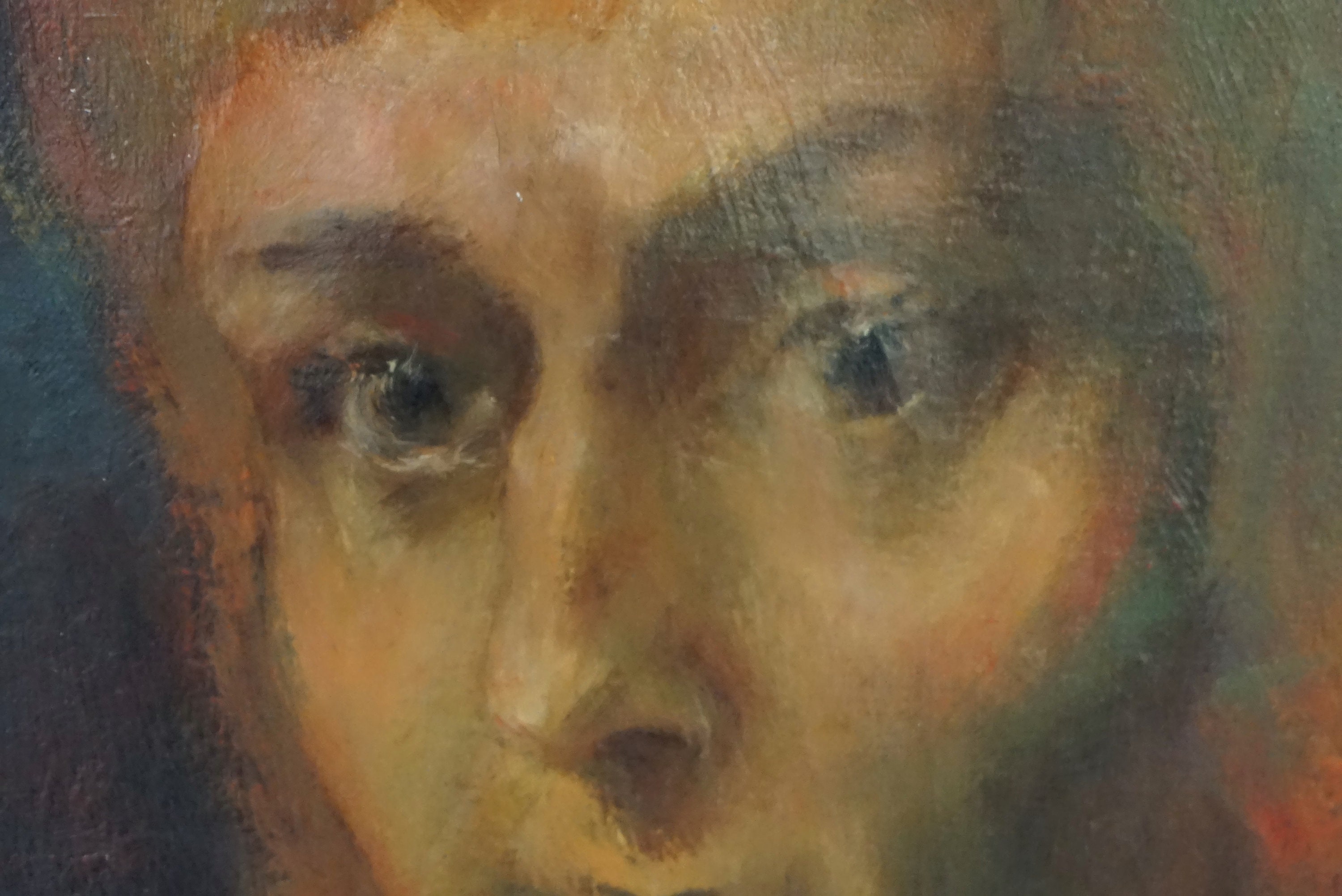 French Vintage Portrait Oil Painting Man with Long Red Hair, Original