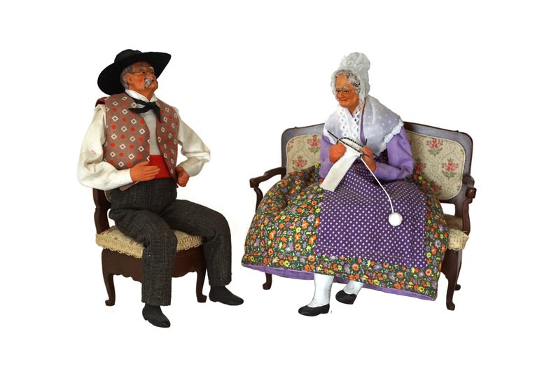 Old Lady and Man Folk Art Dolls French Santon Couple image 0