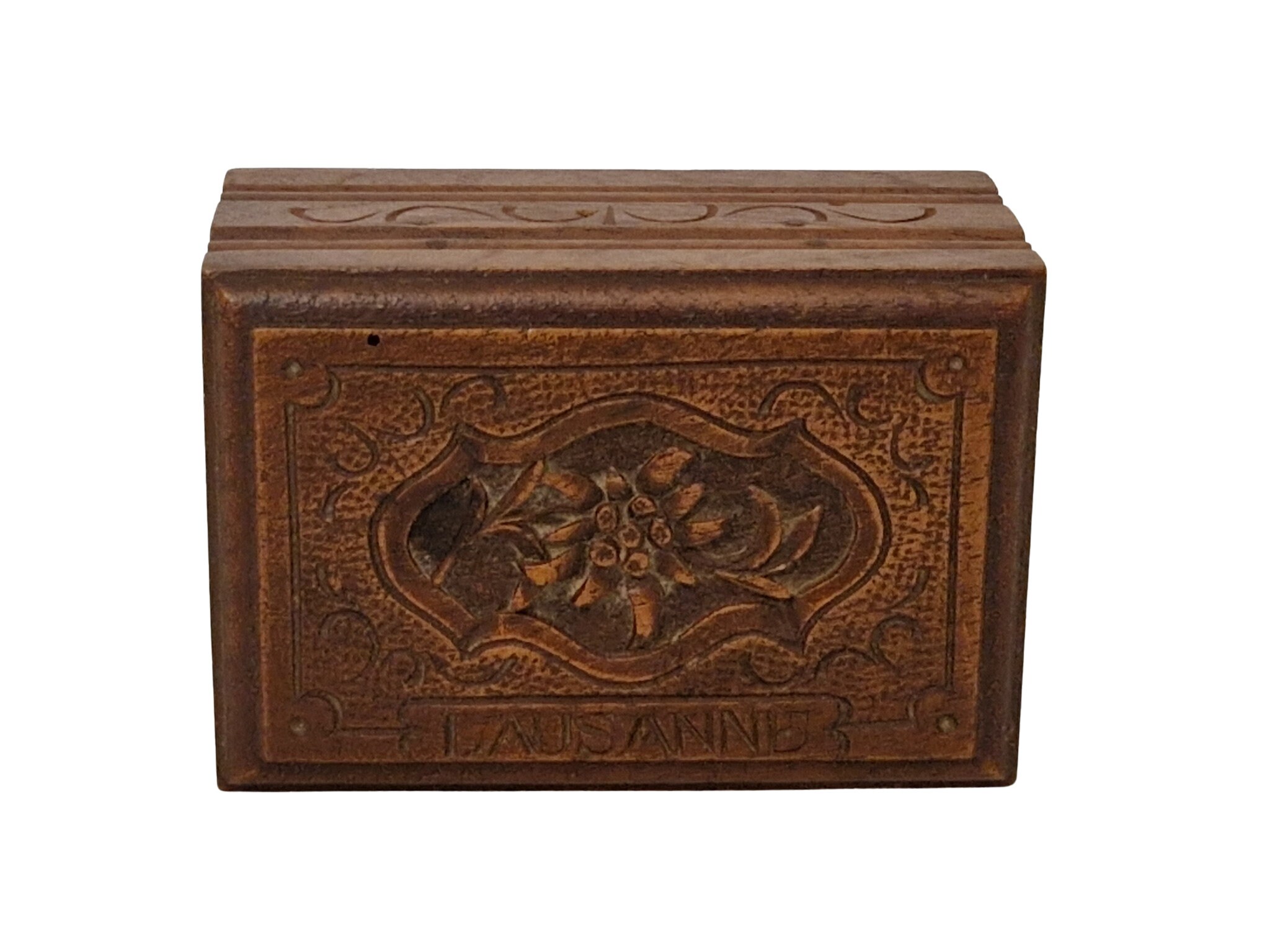 Swiss Black Forest Carved Wood Stamp Box with Edelweiss Flower