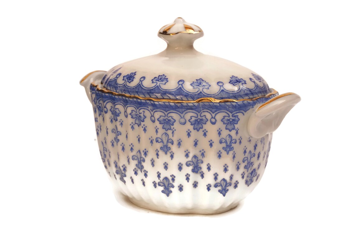 Antique Blue and White China Sugar Bowl Oscar Schaller Fleur Etsy