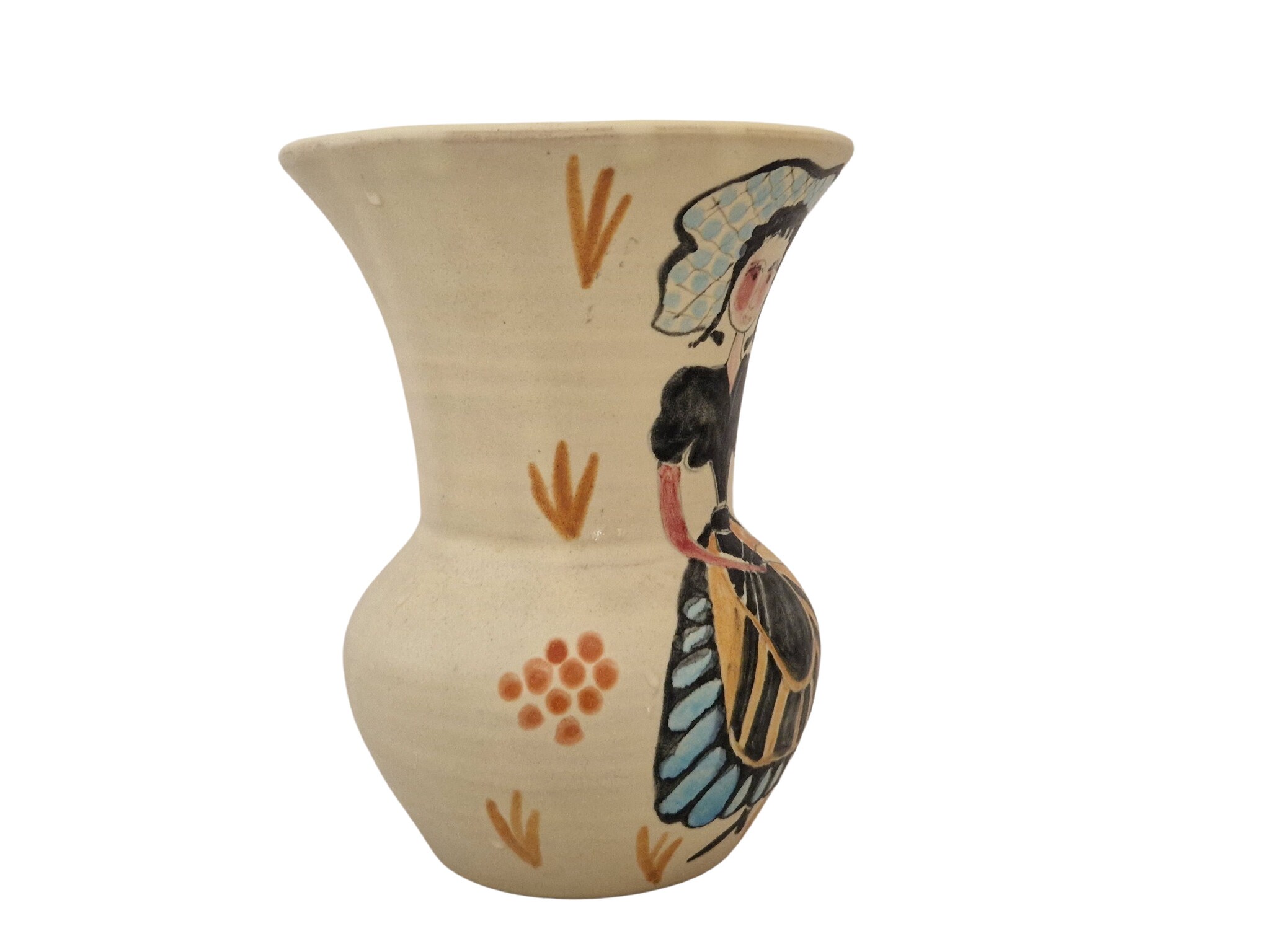 Mid Century Studio Art Pottery Vase, Hand Painted Naive Lady by Baboin of Saint Uze