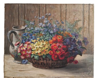 Antique Flowers in Basket Oil Painting, Floral Still Life, Original French Country Kitchen Wall Art