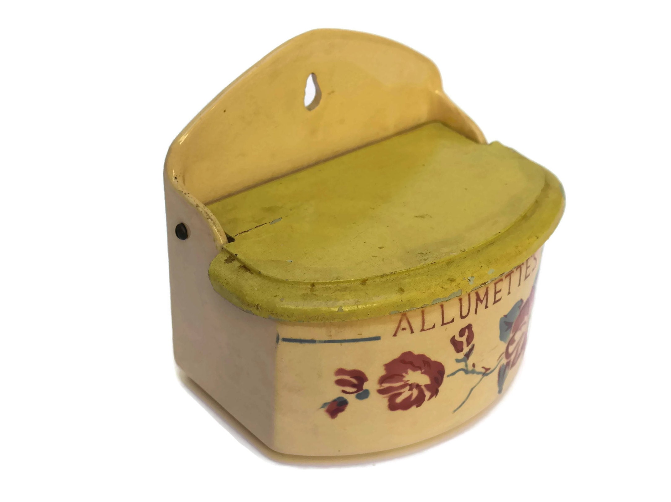 French Vintage Ceramic Match Box, Digoin Rose Pottery, Shabby Rustic