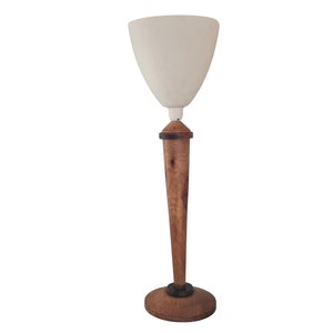 Art Deco Walnut Wood Table Lamp with Tulip Opaline Glass Shade, French Mazda Style Light image 1