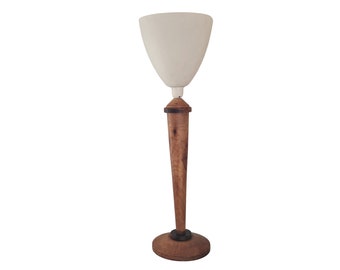 Art Deco Walnut Wood Table Lamp with Tulip Opaline Glass Shade, French Mazda Style Light