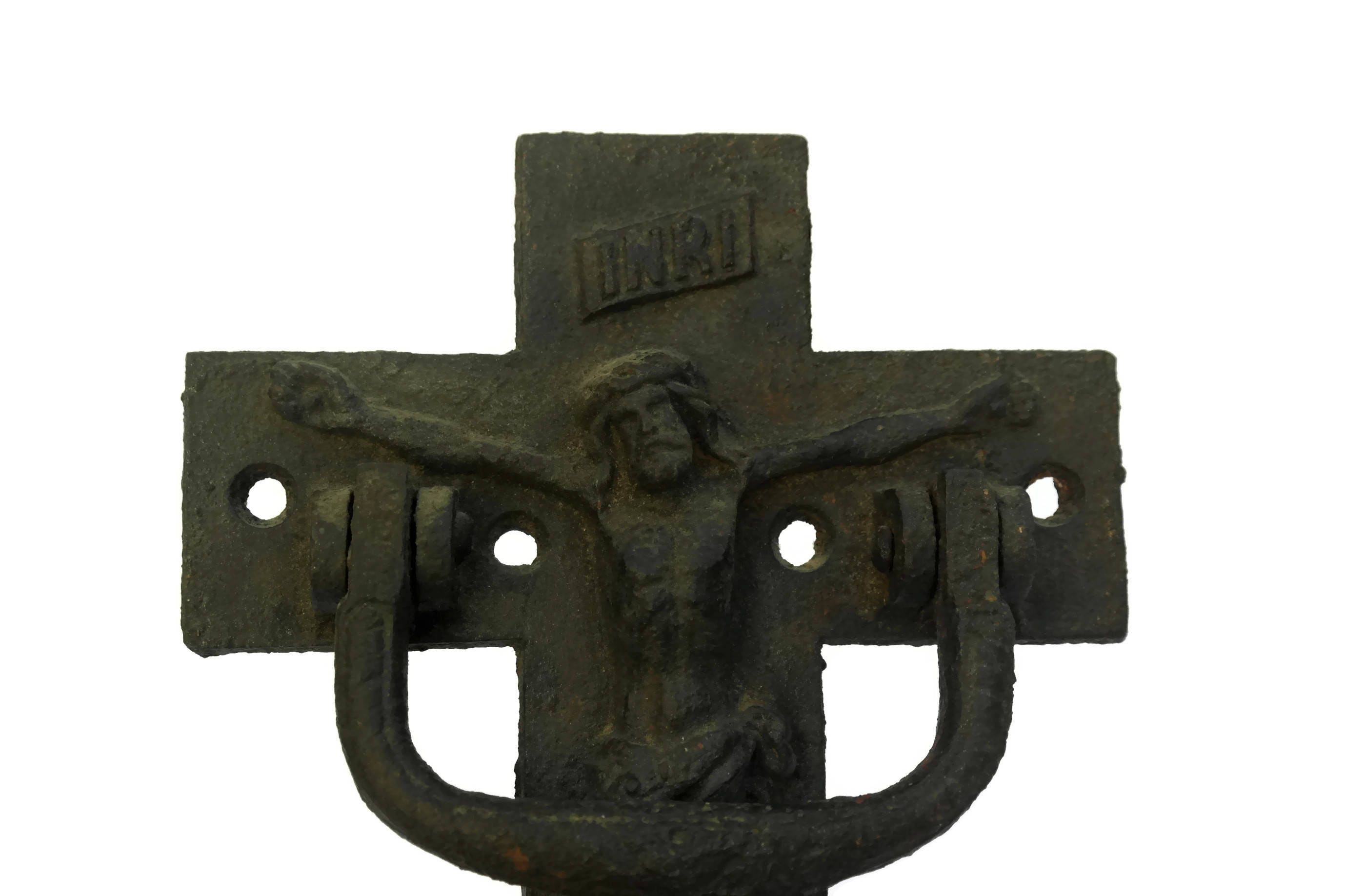 French Antique Crucifix Door Knocker. Solid Cast Iron Hanging Cross.