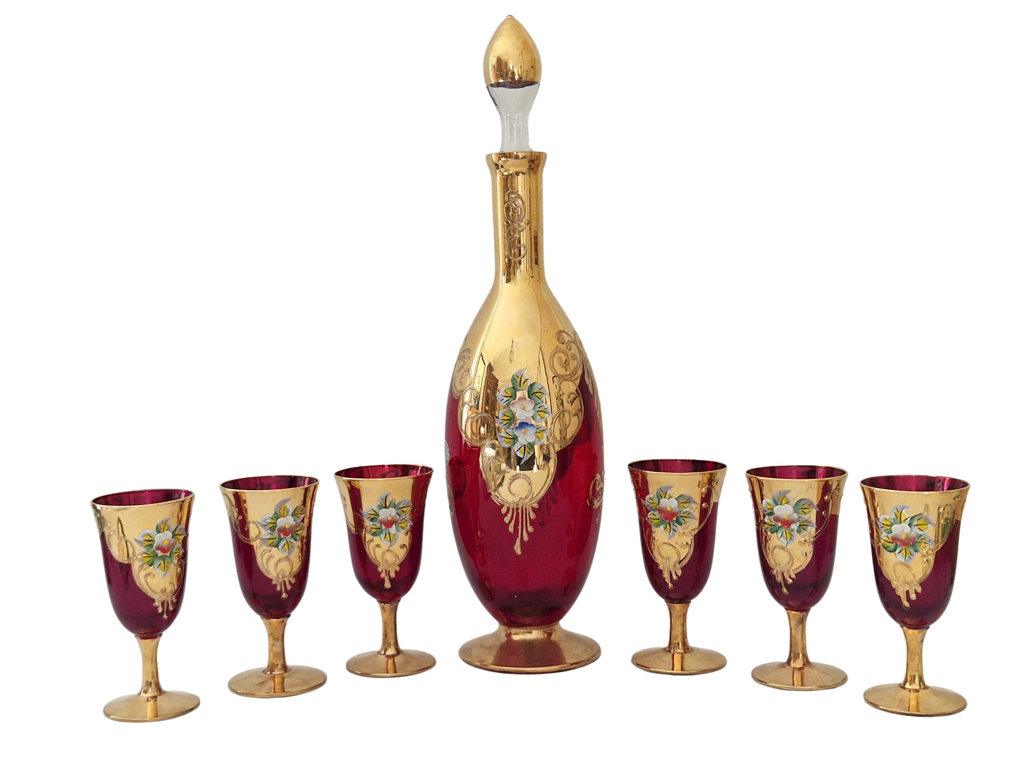 Murano Glass Decanter and 6 Glasses Set with 24K Gold and Flowers