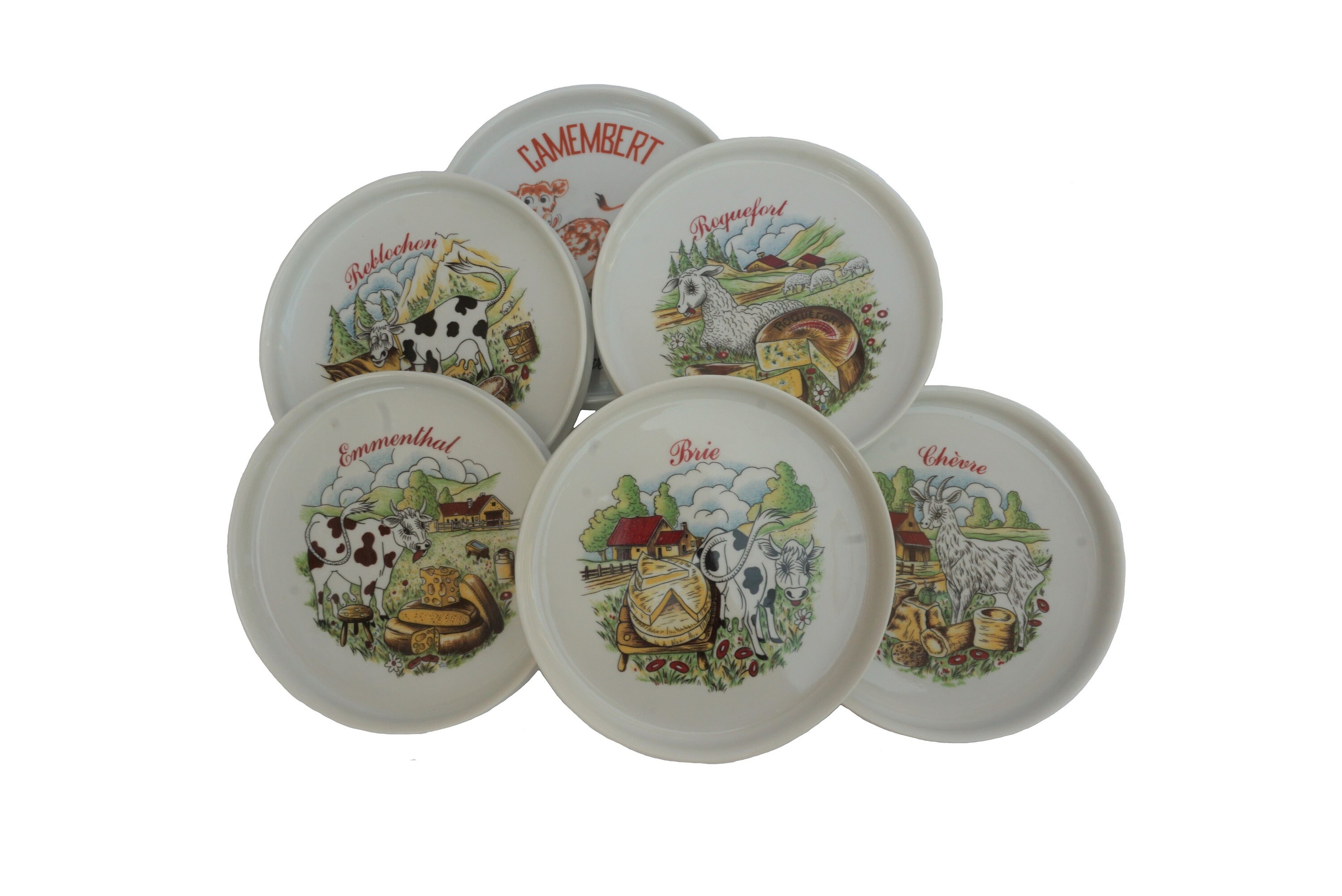 Français Assiettes de Fromage en Porcelaine, Ensemble 6 Pour Brie, Camembert, Roquefort et Emmental 