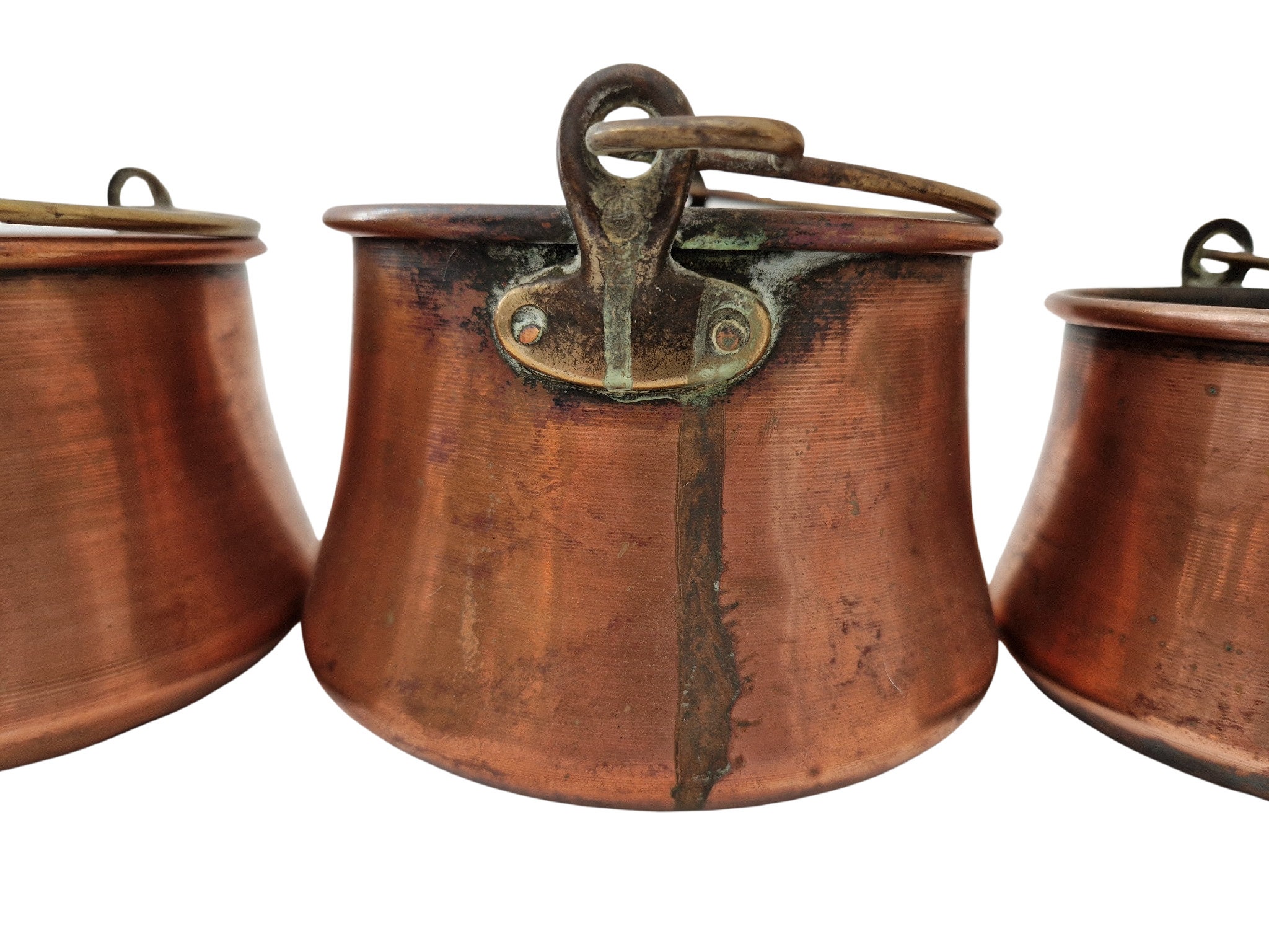 Mid Century French Copper Cauldrons, Set of 3, Rustic Country Kitchen