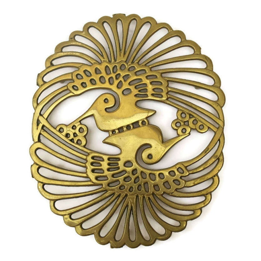 Vintage Brass Peacock Trivet Pot Rest.