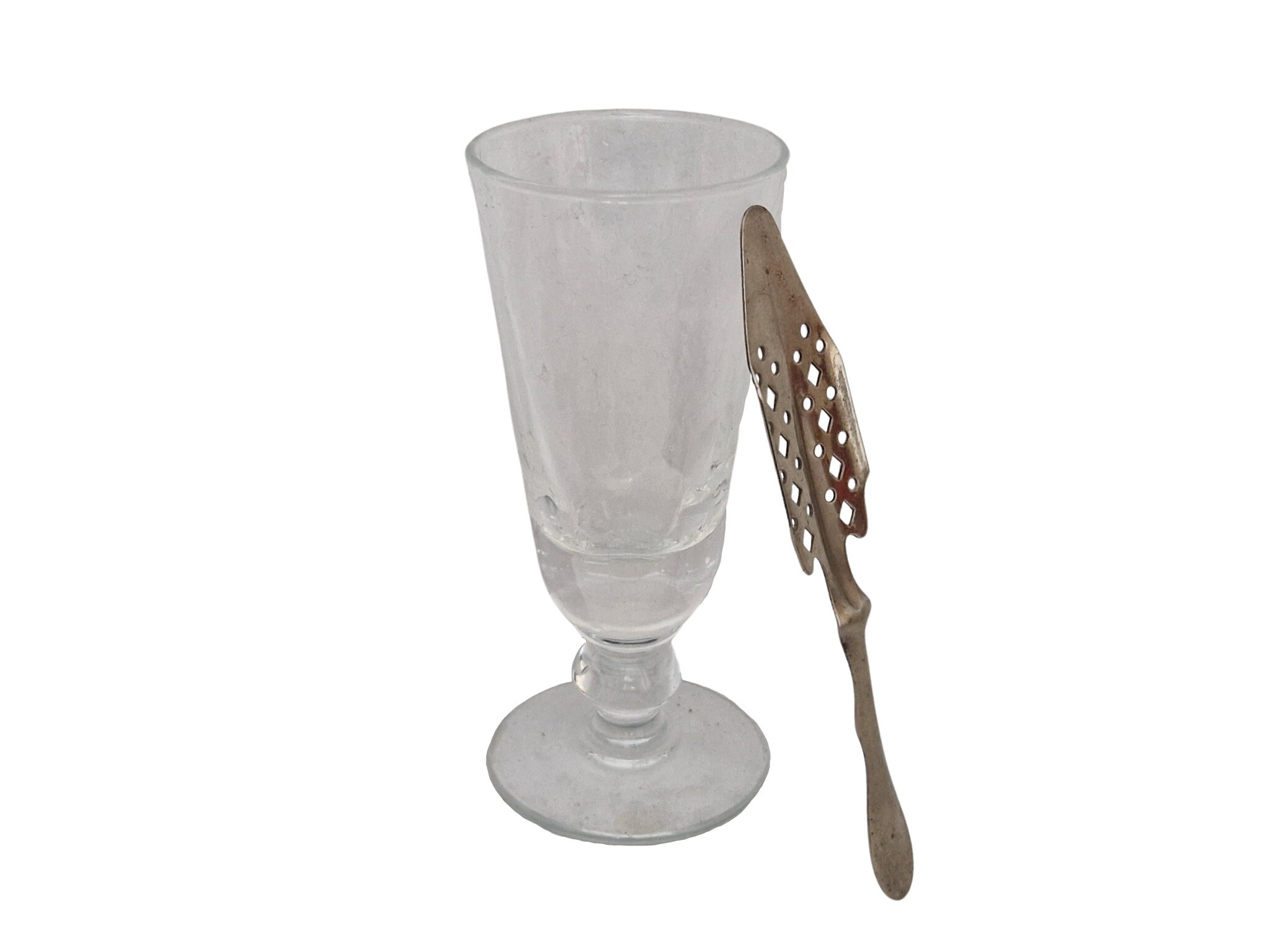 French Antique Absinthe Glass and Spoon Set, Collectible Glassware and