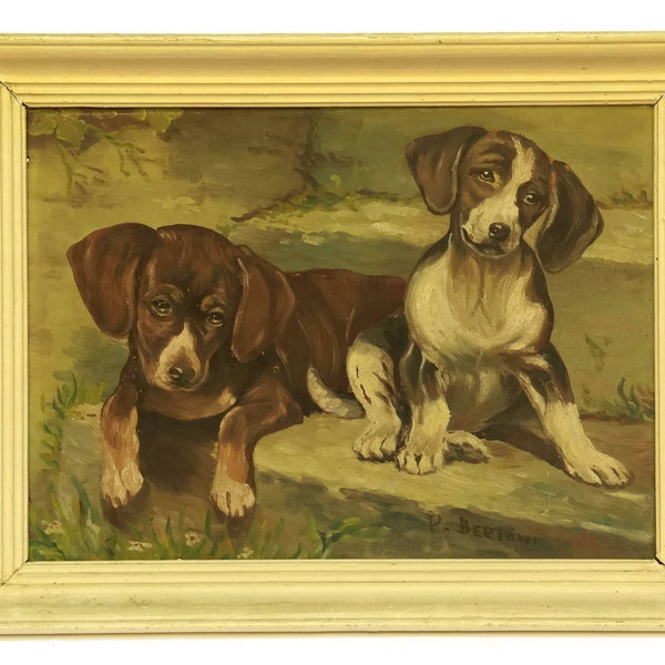 Vintage Weiner hond portret schilderij in Frame. Ondertekend origineel schilderij door P Bertoni. Hond kunst.