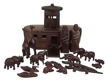 Carved Wood Noah Ark Sculpture with Animals, Vintage Folk Art African Carving