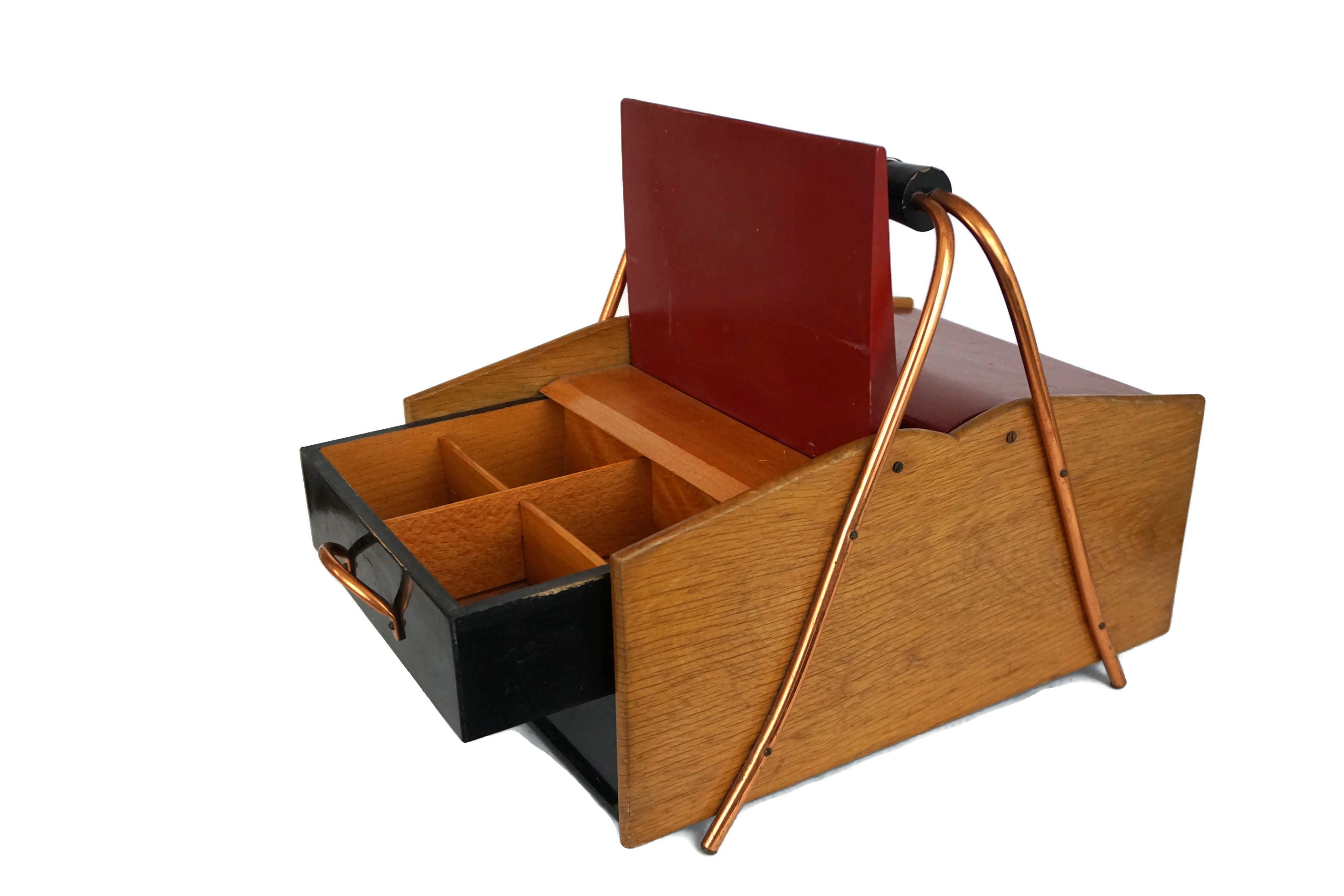 Mid Century Wooden Sewing Box with Copper Handles, Needlework and Craft