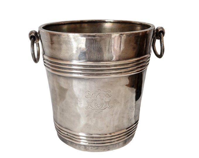 Antique Christofle Silver Plate Ice Bucket with Engraved Monogram Initials D G, French Champagne and Wine Bottle Chiller