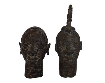 Bronze Yoruba King and Queen Couple Head Statues, Vintage African Man and Woman Art