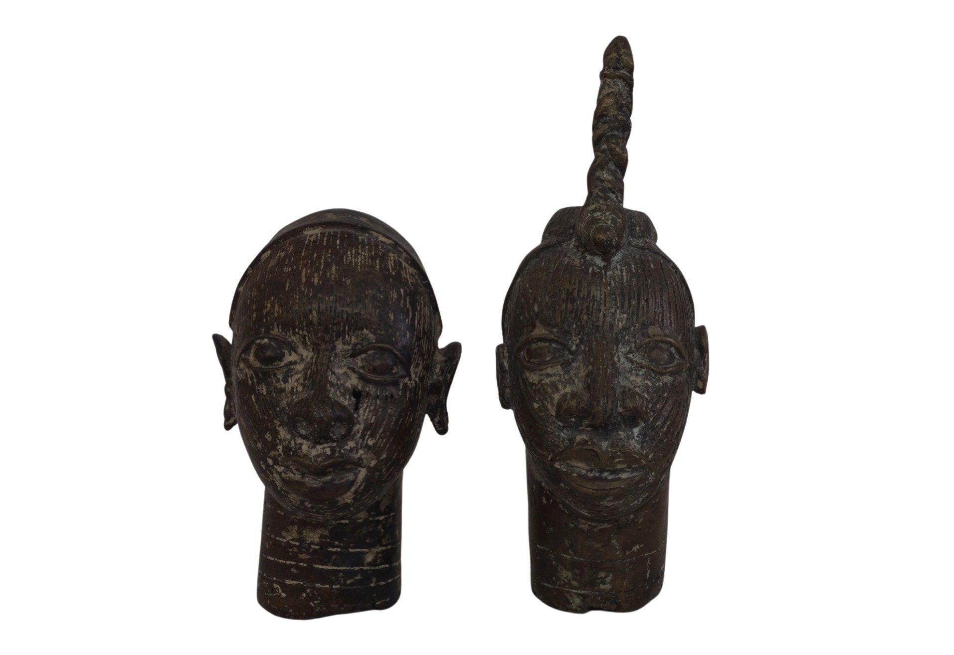 Bronze Yoruba King and Queen Couple Head Statues, Vintage African Man