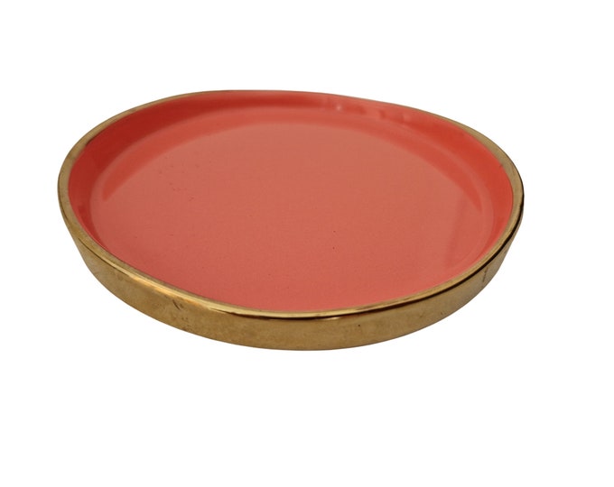 1950s Ceramic Catchall Dish, French MCM Pink and Gold Pottery Jewelry Tray