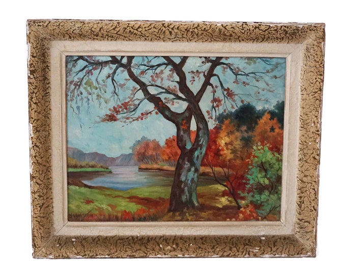 Fall Landscape Painting with River and Trees, French Woodland Art