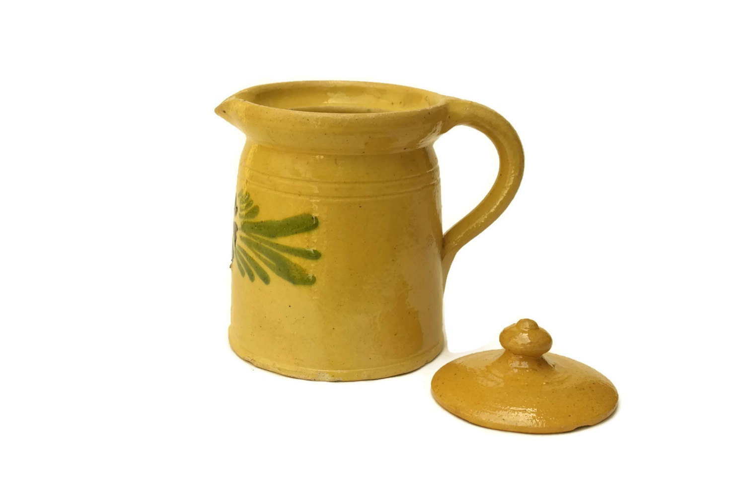 Soufflenheim Milk Jug with Lid, Hand Painted Stoneware Creamer, Rustic