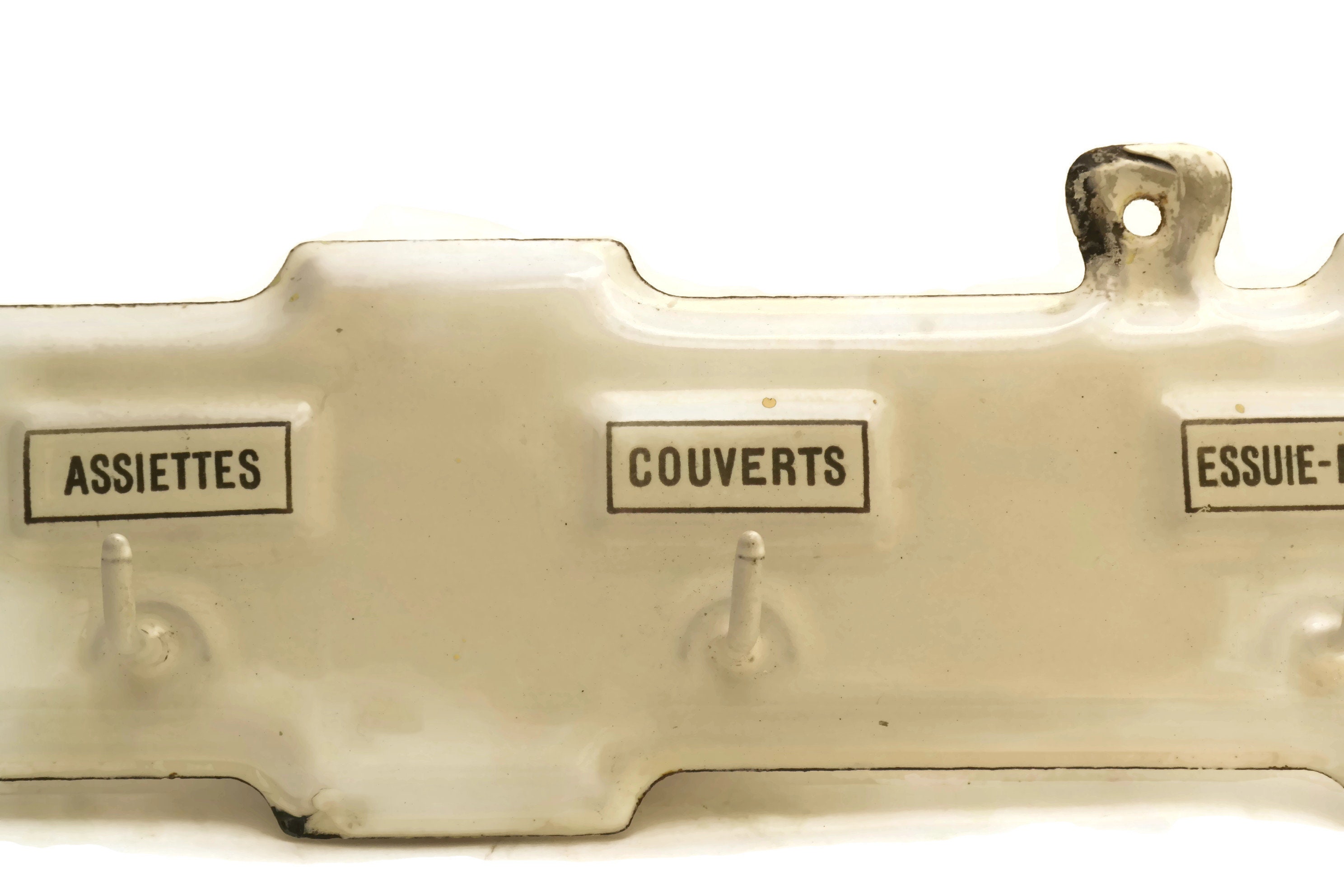 French Vintage Tea Towel Holder. Art Deco Dish Cloth Hooks. White