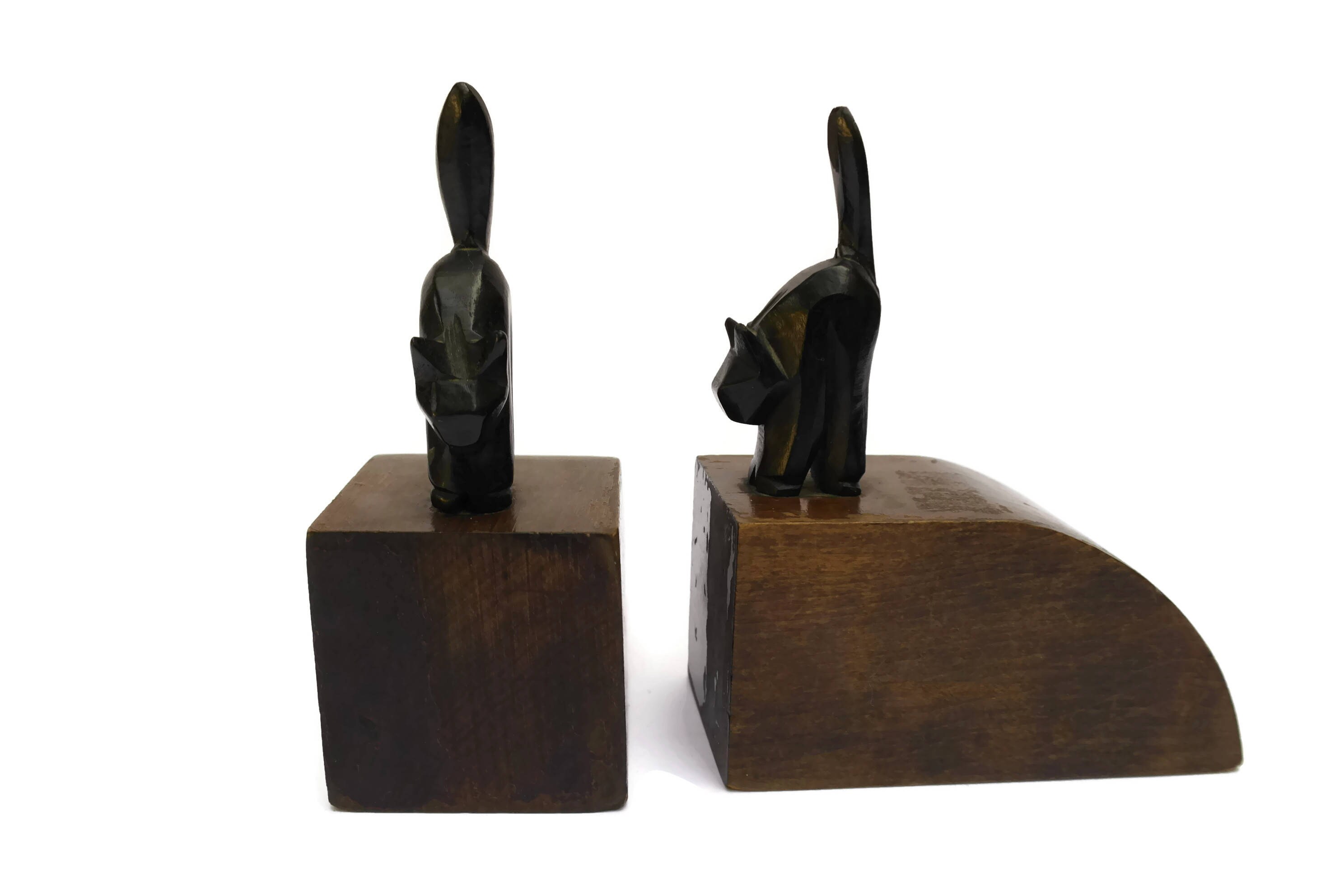 Black Cat Figure Bookends. French Art Deco Carved Wood Book Ends. Cat