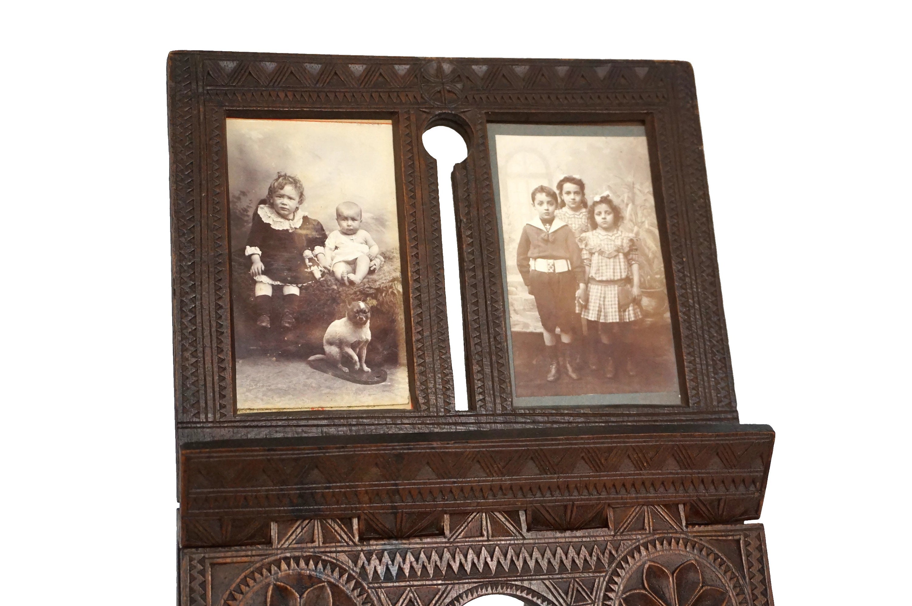 Antique Carved Wood Double Photo Frame, Anglo Indian Rosewood Folding Frame