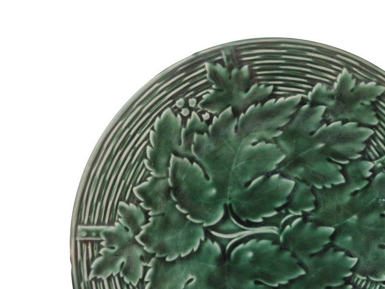 French Green Majolica Plate with Grape Vine Leaf and Basket Weave Pattern by GIEN image 8