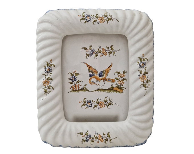 Moustiers Faience Tabletop Photo Frame with Hand Painted Bird of Paradise and Flowers, Romantic Decor