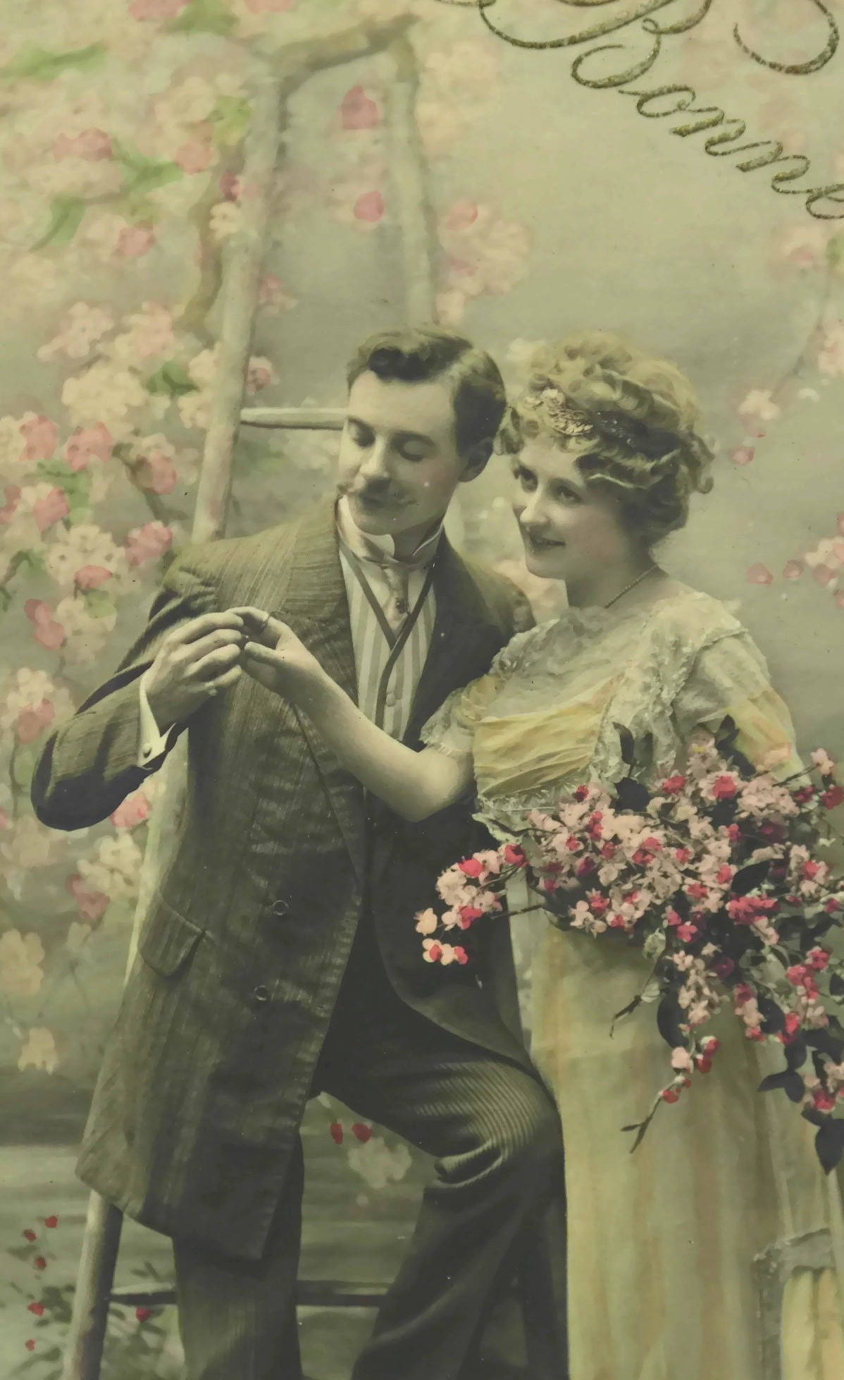 Antique French Postcard with Courting Couple and Flowers. Old Greeting