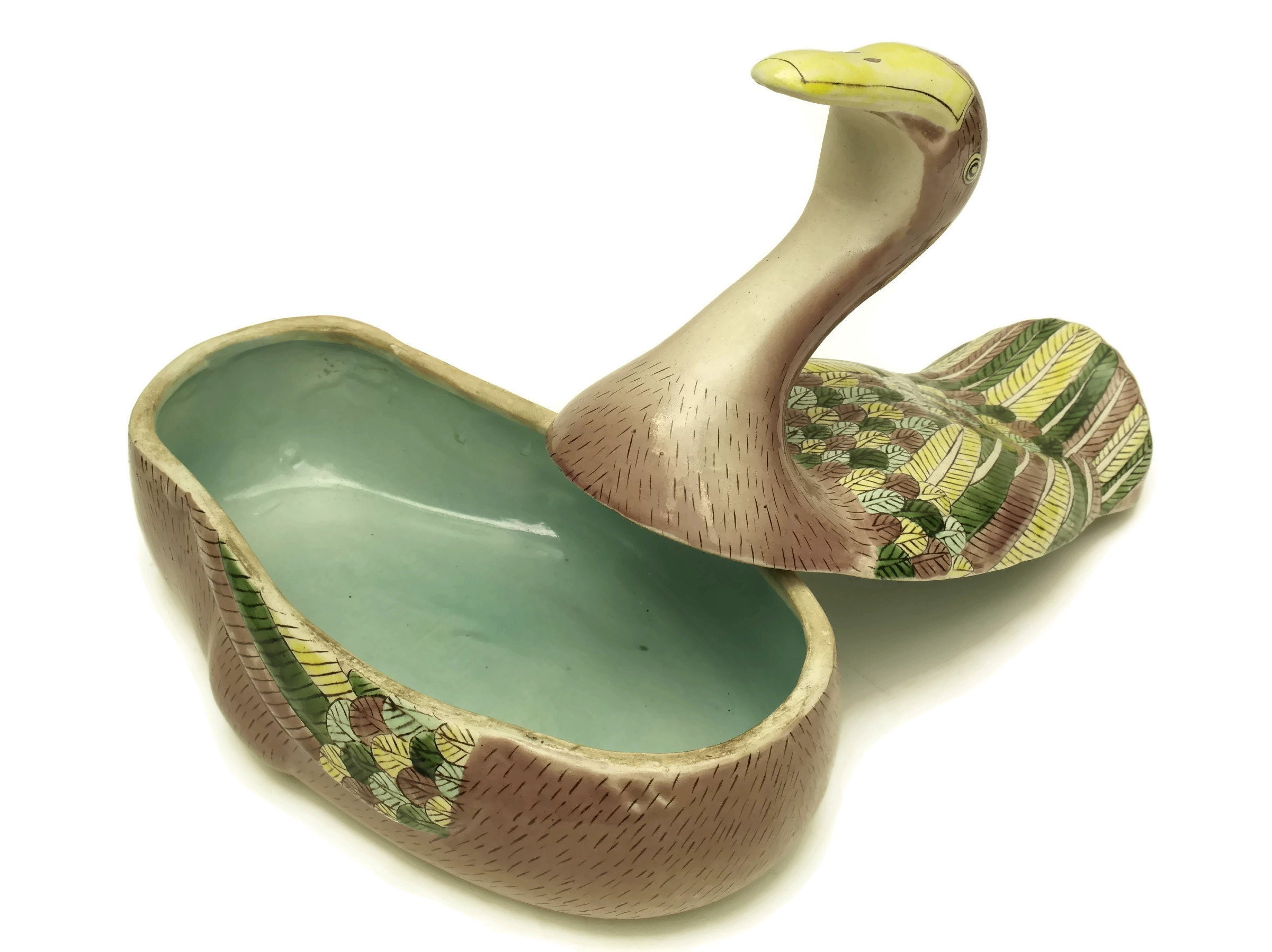 Chinese Antique Porcelain Duck Tureen. Large Ceramic Bird Dish With Lid. Asian Home and Kitchen