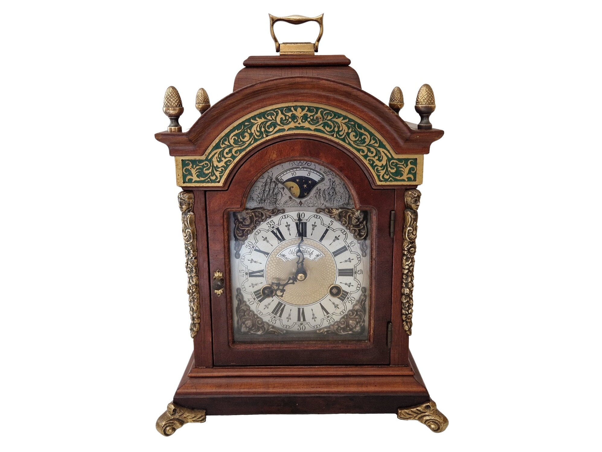 Dutch Wuba Warmink Mantel Clock with Chime and 8 Day Moon Phase, Wooden